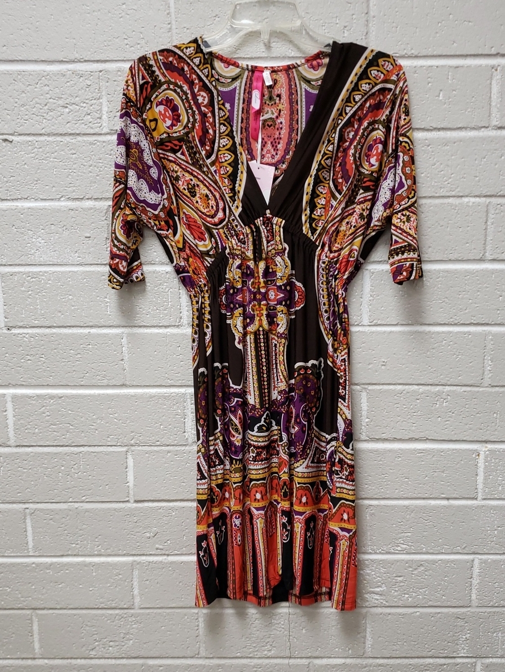 Paisley Print V-Neck Midi Dress in Brown & Purple